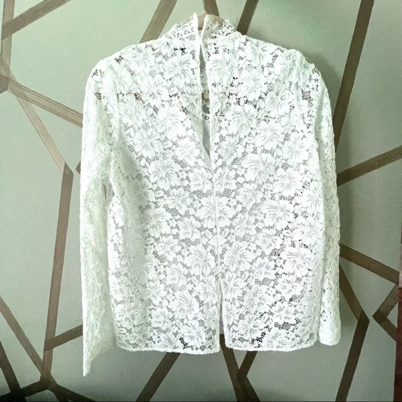 SANDRO | 🤍 White Lace Mock Neck Blouse w/ Thin Pinstripe Panel | Size 1 (Small) - Picture 7 of 16